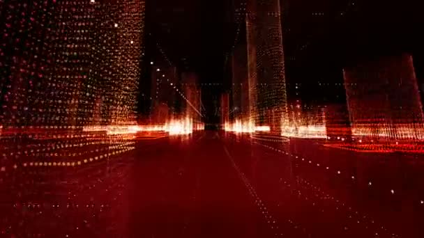 Футуристическая Матричная Голограмма Города Цифровая Схема Зданий Бинарными Частицами Анимации — стоковое видео