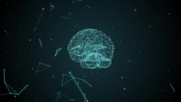 在4K中 人脑出现了由粒子蓝色抽象的未来科学技术运动背景形成的不断演化和生长的神经细胞 — 图库视频影像