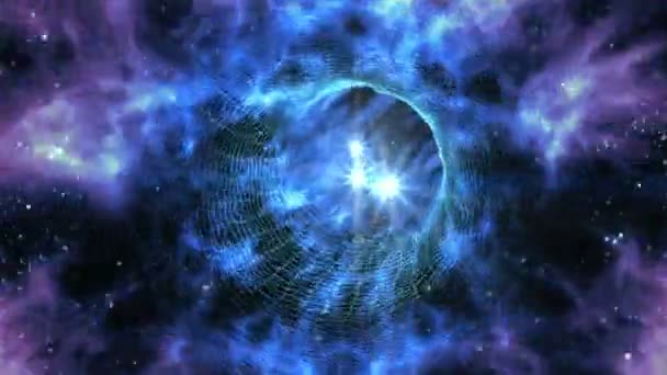 带有虫孔星际旅行的循环动画穿过星系和恒星网格上的蓝色作用力场 — 图库视频影像
