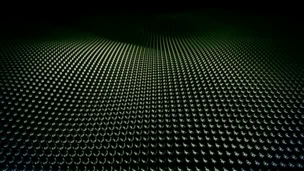 現代抽象ループ可能なクロム表面波緑色の光沢のある金属球の金属グリッドは ゆっくりと未来的な技術の概念を移動シームレスな3Dアニメーションスタイルのハイテク背景視野 — ストック動画