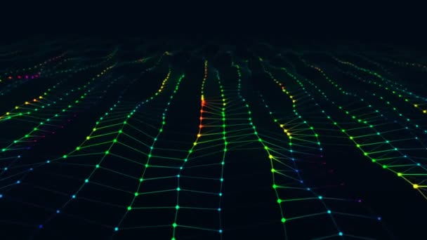现代抽象粒子表面波浪状网格明亮的五彩斑斓的金属圆点创造弯曲平面未来主义3D动画风格高科技背景包括视场 — 图库视频影像
