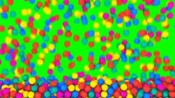 Купа Гамаків Наповнює Екран Різнокольоровими Прокатками Падаючими Кульками Різнокольоровими Сферами — стокове відео