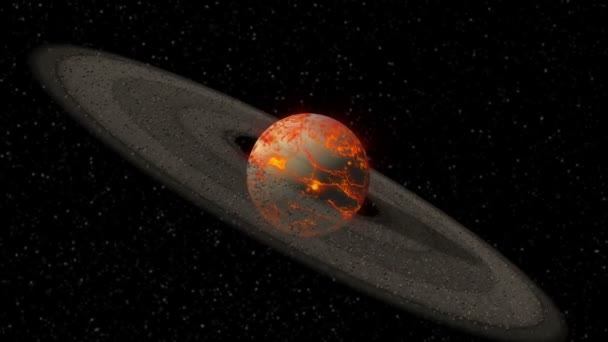 小惑星の環を回転させる惑星や宇宙アニメーションの背景に熱い溶岩の亀裂のような土星 — ストック動画