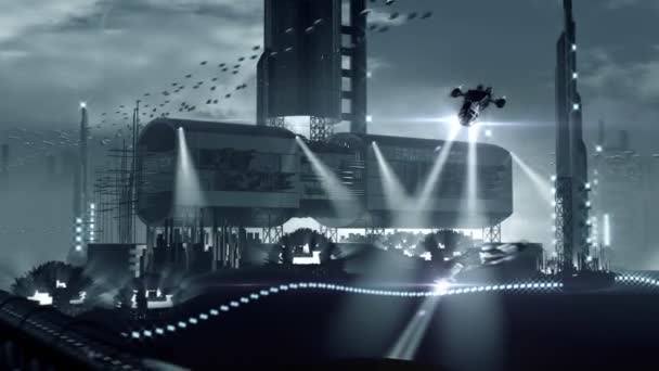 在科幻小说动画背景的未来3D幻想模型中盘旋的带有飞行宇宙飞船舱的外星行星或月球殖民地 — 图库视频影像