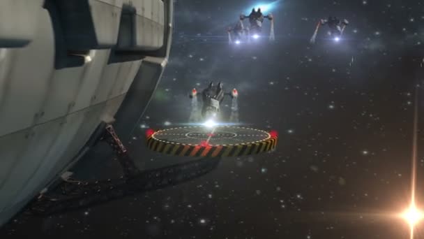 Беспилотники Запускают Футуристический Инопланетный Корабль Военный Космический Корабль Глубоком Космосе — стоковое видео