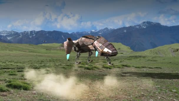 幻想的な3D未来の戦艦クラフトが離陸し 現実的な背景設定で飛んで — ストック動画