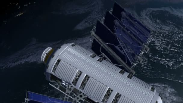 Ruimtestation Dat Aarde Vliegt Met Zonnepanelen Modulaire Architectuur Astronauten Die — Stockvideo