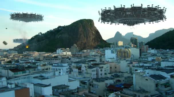 Rio Janeiro Brezilya Daki Binaların Üstündeki Ufo Filosu Gelecekteki Fantezi — Stok video