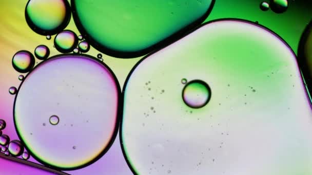 Pohled Shora Pohyb Olejových Bublin Olejový Povrch Vícebarevné Pozadí Fantastická — Stock video