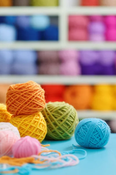 Yarn balls on table — Stock Photo, Image