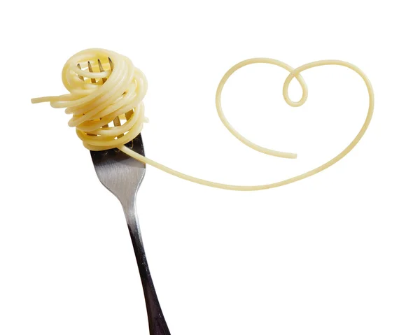 Swirls Cooked Spaghetti Fork Spaghetti Heart Shape — Stock Photo, Image