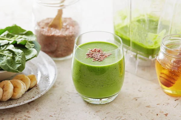 Healthy Green Smoothie Made Spinach Banana Flax Seed Green Detox — Stock Photo, Image