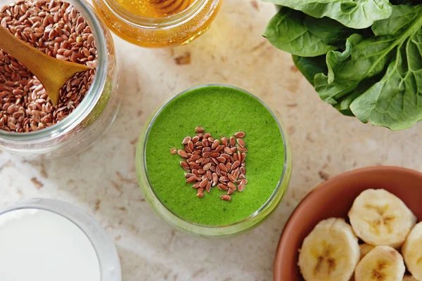 Healthy Green Smoothie Made Spinach Banana Flax Seed Green Detox — Stock Photo, Image