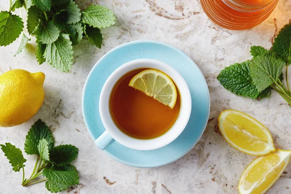 Cup Hot Lemon Balm Tea Honey Green Mint Leaves — Stock Photo, Image