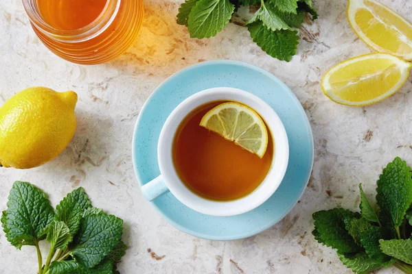 Csésze Forró Citromfű Tea Mézzel Zöld Menta Levelek — Stock Fotó