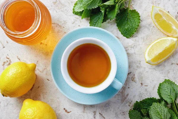Cup Hot Lemon Balm Tea Honey Green Mint Leaves — Stock Photo, Image
