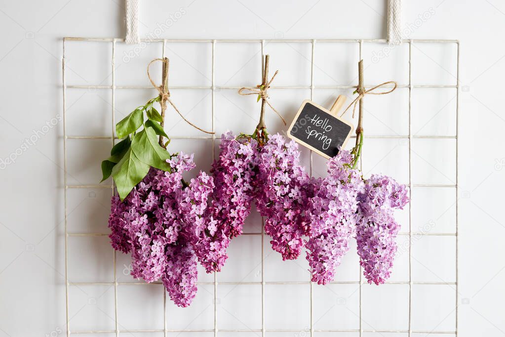 Spring purple lilac blooming branches hanging on the wall. Hanging bouquets upside down for drying flowers.