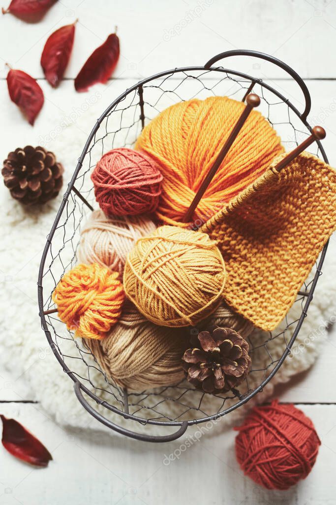 Knitting needles and yarn among autumn leaves and pine cones on table