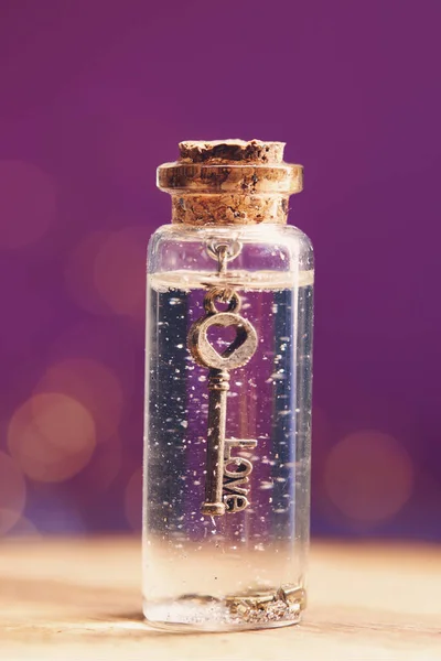 Love Key Miniature Glass Bottle Love Potion Key — Stock Photo, Image