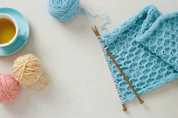 Knitting Project Progress Piece Knitting Ball Yarn Knitting Needles — Stock Photo, Image