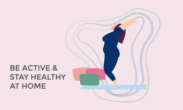 Evde yoga yapan bir kadının vektör çizimi..