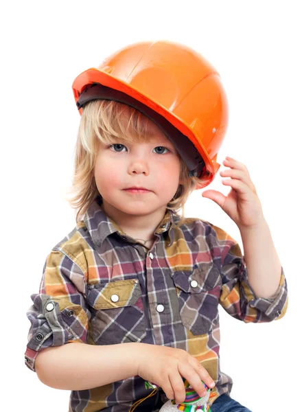 Menino criança em capacete laranja — Fotografia de Stock
