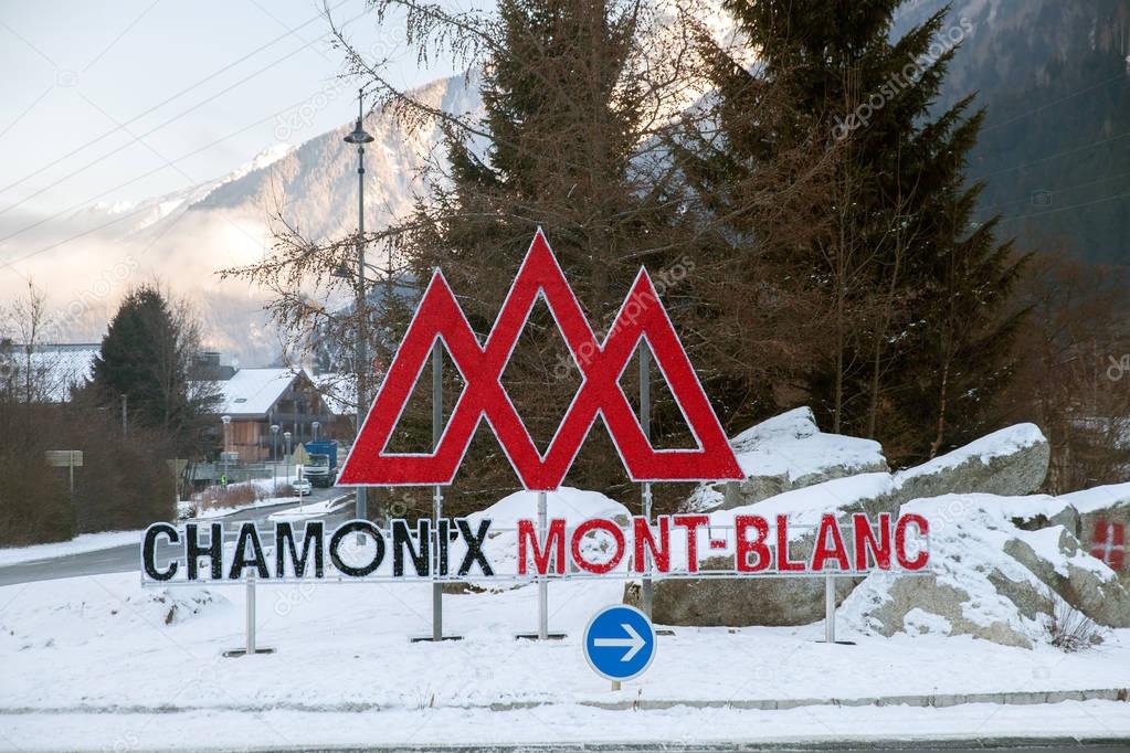 Cnamonix Mont-Blanc, France - JAN 06, 2017:Sign at the entrance to Chamonix