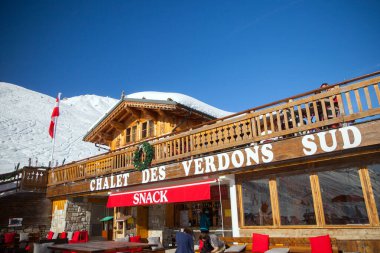 La Plagne, France - FEB 06, 2019: Cafe Chalet des verdons sud near Champagny en vanoise clipart