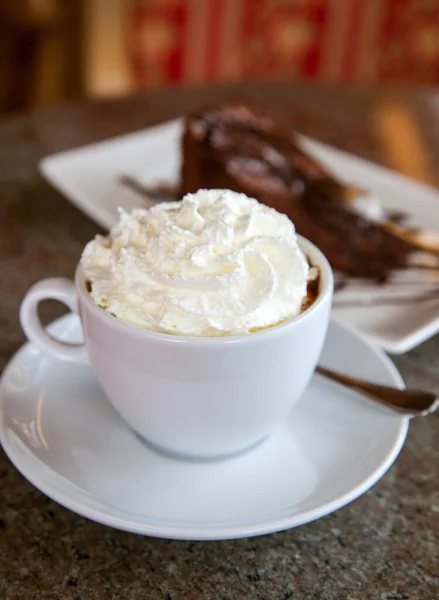 Cup Hot Chocolate Whipped Cream Piece Cake — Stock Photo, Image