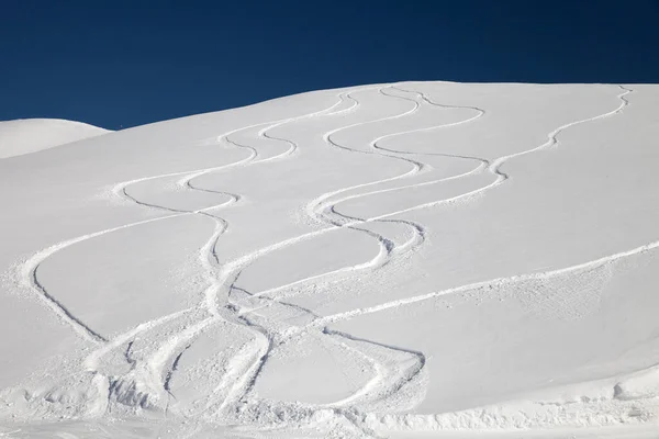 Sporen Van Skiërs Sneeuw Freeride Bergen — Stockfoto