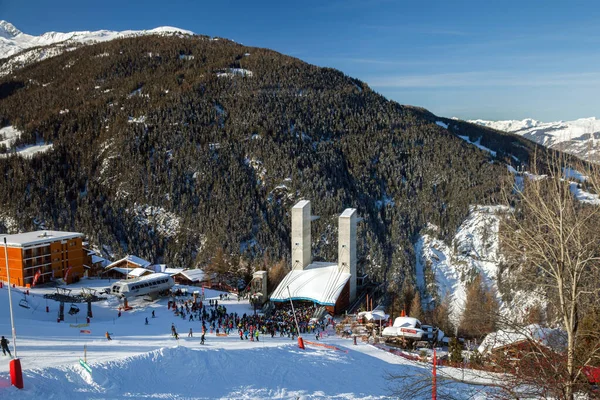 Les Arcs Francia Feb 2019 Cabina Estación Vanoise Express Paradiski — Foto de Stock