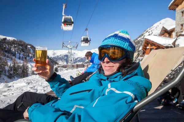 Man Glass Beer Sitting Cafe French Ski Resort — Stock Photo, Image