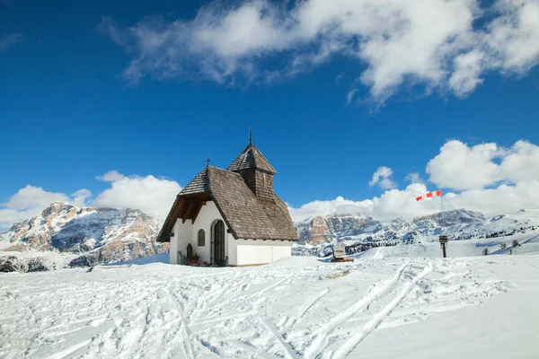 Antonius Kapelle Church Sunny Day Top Mountain Italian Dolomites Stock Picture