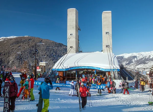 Les Arcs Francja Luty 2019 Dwupiętrowa Kabina Stacji Vanoise Express Obrazek Stockowy