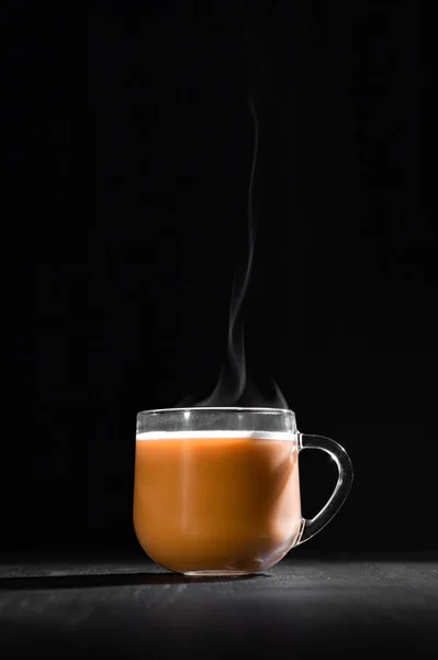 Hot Cocoa Milk Transparent Mug Steam Black Background Place Inscription — Stock Photo, Image