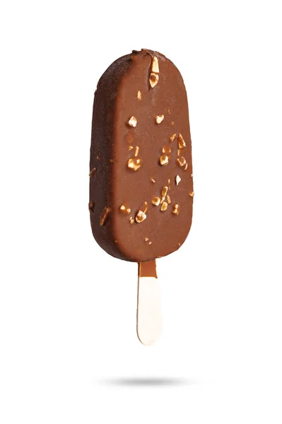 Chocolate coated ice cream with almond nuts in a section on a stick on a white background — Stock Photo, Image