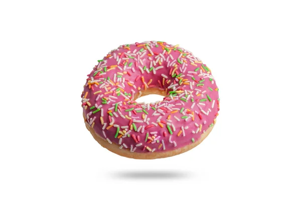 Pink glazed donut with colored sprinkles. isolated on white background — 스톡 사진