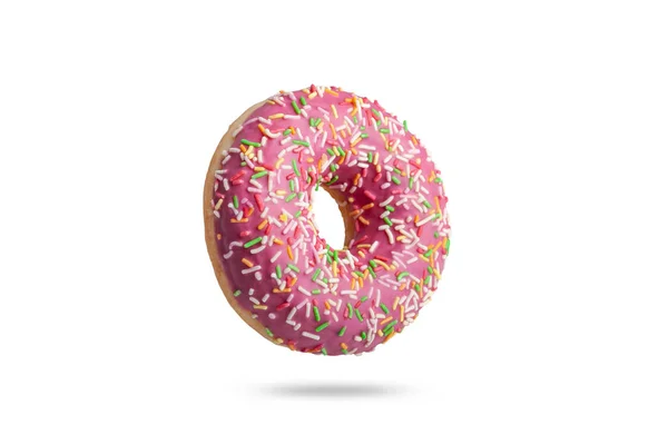 Roze glazen donut met gekleurde hagelslag. geïsoleerd op witte achtergrond — Stockfoto