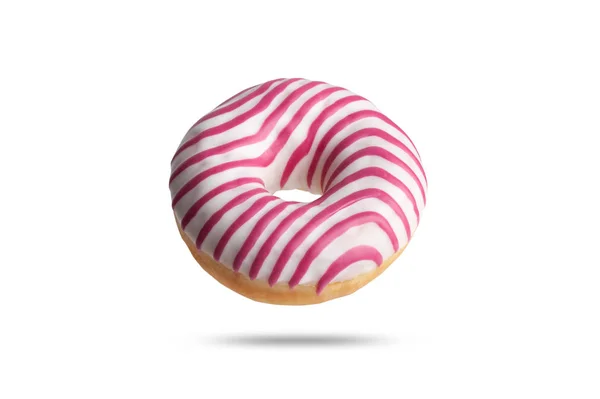 Donut com rosa e branco listrado esmalte. sobremesa deliciosa. isolado em fundo branco — Fotografia de Stock