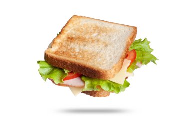  Jambonlu, peynirli ve yeşil salatalı taze sandviç. beyaz arkaplanda izole