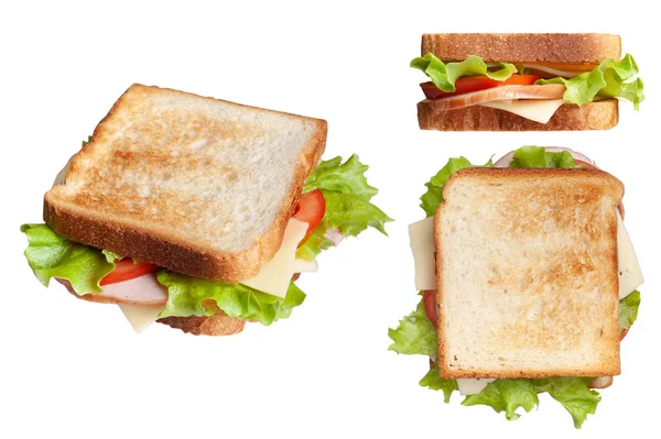 Sandwich proaspăt cu șuncă, brânză și salată verde. izolat pe fundal alb — Fotografie, imagine de stoc