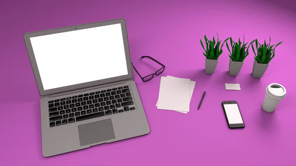 Ahşap zemin, sahte kart ile beyaz A4 sayfa, tablo, vazo ve smartphone ile gözlük üstünde laptop