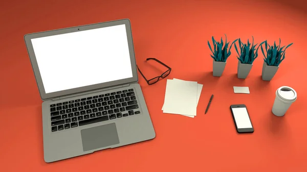 Ahşap zemin, sahte kart ile beyaz A4 sayfa, tablo, vazo ve smartphone ile gözlük üstünde laptop