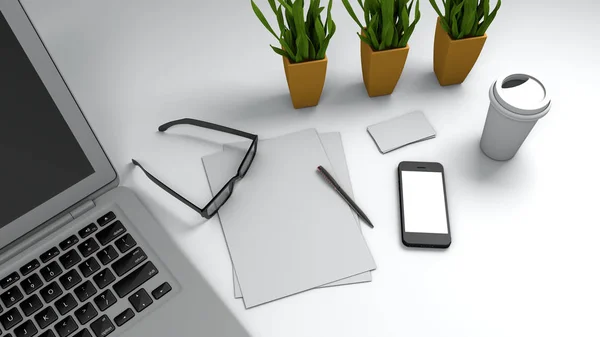 Ahşap zemin, sahte kart ile beyaz A4 sayfa, tablo, vazo ve smartphone ile gözlük üstünde laptop