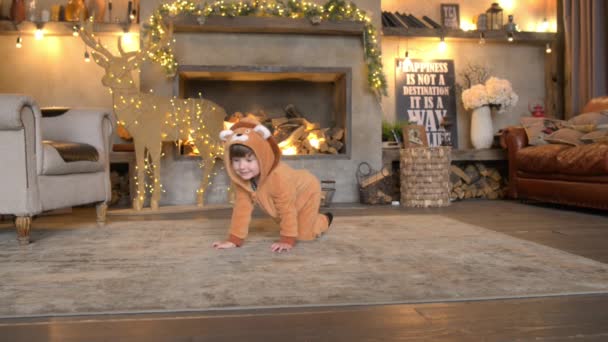 En liten pojke i lejondräkt som kryper på en matta — Stockvideo