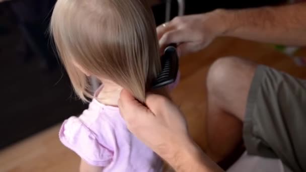 Padre pettinando bionda figlia tranquillamente in piedi davanti a lui — Video Stock