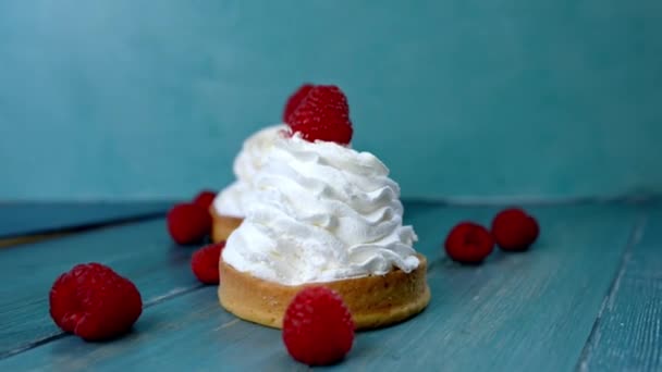 Hermoso cupcake con crema batida y frambuesas — Vídeos de Stock