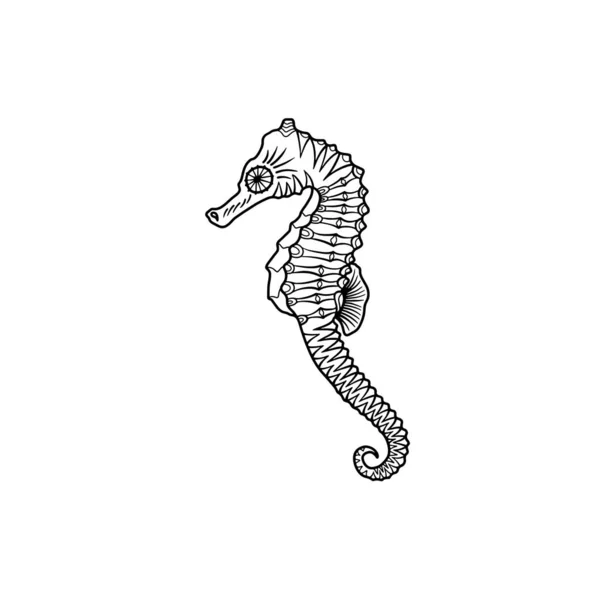 Livro para colorir para crianças e adultos. Modelo para criatividade e relaxamento. Isolado cavalo-marinho vetor ilustração. Hippocampus. Tatuagens de estilo Doodle. Peixe bonito dos desenhos animados . — Vetor de Stock