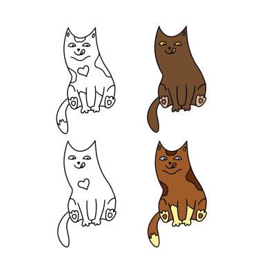 Beyaz arka planda komik hayvanlar. Farklı çizgi film kedileri seti. Basit modern geometrik düz stil vektör çizimi. Çocuk odalarının dekorasyonu, tekstil, duvar kağıdı, kartpostallar vesaire için..