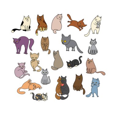 Beyaz arka planda komik hayvanlar. Farklı çizgi film kedileri seti. Basit modern geometrik düz stil vektör çizimi. Çocuk odalarının dekorasyonu, tekstil, duvar kağıdı, kartpostallar vesaire için..